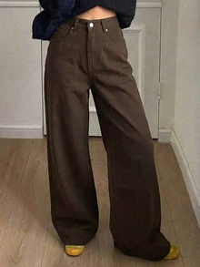 Livesso Petite High Waist Wide Leg Jeans Fall - Brown - View 3