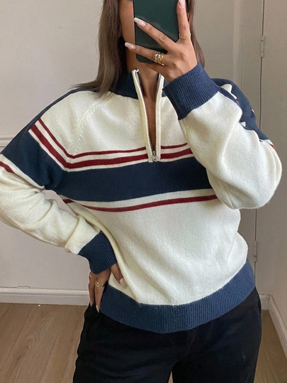 Dazy Plus Sweater Lengan Panjang Wanita Ukuran Besar Motif Blok Warna Kasual Serbaguna untuk Pemakaian Sehari-hari dan Sekolah