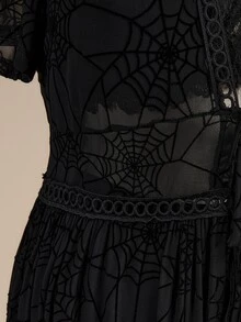ROMWE Goth 度假海灘深色哥德風透視蜘蛛網前開襟大尺碼襯衫 - 黑色 - 查看 5