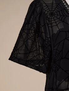 ROMWE Goth 度假海灘深色哥德風透視蜘蛛網前開襟大尺碼襯衫 - 黑色 - 查看 4