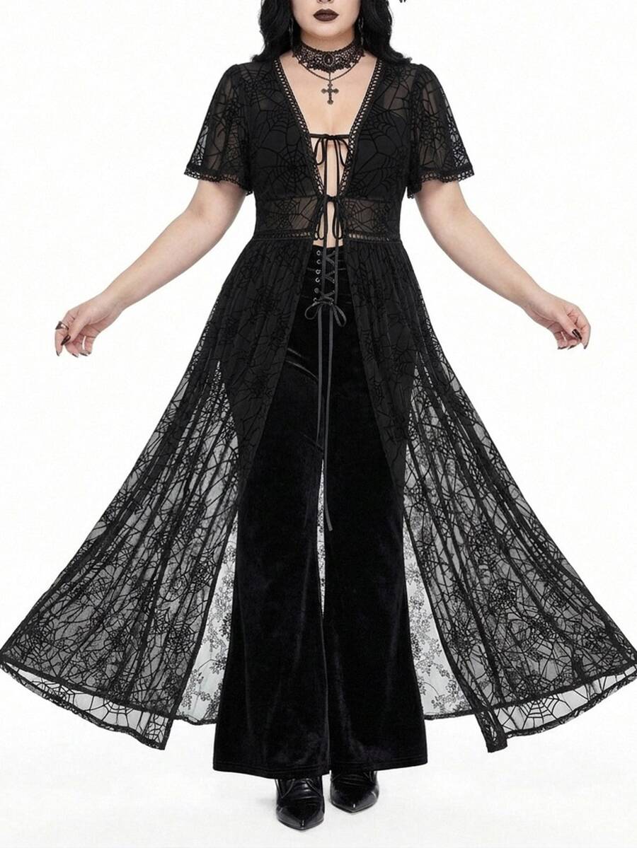 ROMWE Vacation Beach Dark Gothic Sheer Spider Web Open Front Plus Size Shirt - Black - View 1