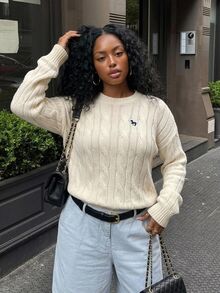 Dazy Plus Pattern Embroidered Twisted Cable Knit Loose Long Sleeve Crew Neck Spring Autumn Casual Old Money Pullover Sweater - Apricot - View 5