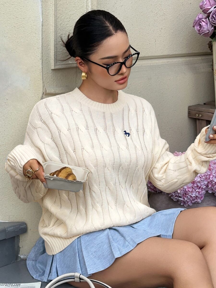 Dazy Plus Pattern Embroidered Twisted Cable Knit Loose Long Sleeve Crew Neck Spring Autumn Casual Old Money Pullover Sweater - Apricot - View 1