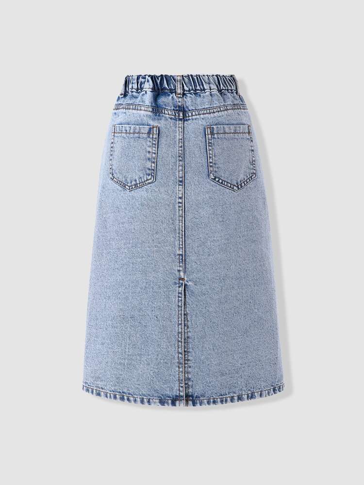 SHEIN Tween Girl Denim Skirt, Sweet & Cute Casual Preppy Style, Daily Basic Outfit Recommendation, Yellow & White Floral & Star Towel Embroidery, Unique Asymmetrical Waist Design, Back Slit Detail, Fitted Silhouette, Can Be Paired With T-Shirts, Knit Sweaters Or Cropped Tops, Suitable For Daily Outings, Shopping, Dining, Or Gatherings & Parties With Friends - Light Wash - View 3