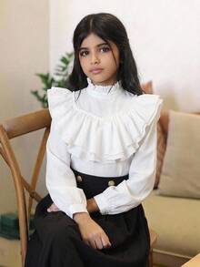 SHEIN 兒童青少年女孩純色杏色優雅復古宮廷風立領荷葉邊提花鈕扣喇叭袖上衣（適合日常穿著） - 白色 - 查看 8