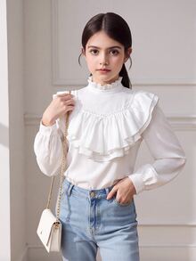 SHEIN 兒童青少年女孩純色杏色優雅復古宮廷風立領荷葉邊提花鈕扣喇叭袖上衣（適合日常穿著） - 白色 - 查看 5