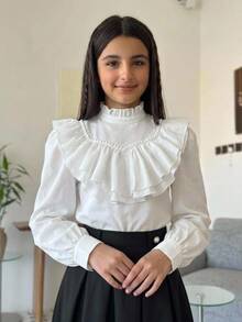 SHEIN 兒童青少年女孩純色杏色優雅復古宮廷風立領荷葉邊提花鈕扣喇叭袖上衣（適合日常穿著） - 白色 - 查看 1