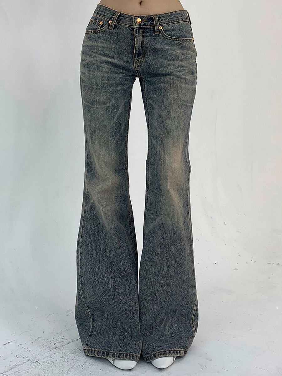DAZY Distressed Washed Flare Leg Jeans, Slim Fit Casual Denim Pants For Teen Girls, Autumn - Blue - View 1