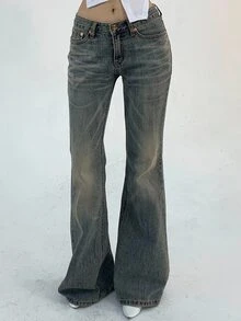 DAZY Distressed Washed Flare Leg Jeans, Slim Fit Casual Denim Pants For Teen Girls, Autumn - Blue - View 2
