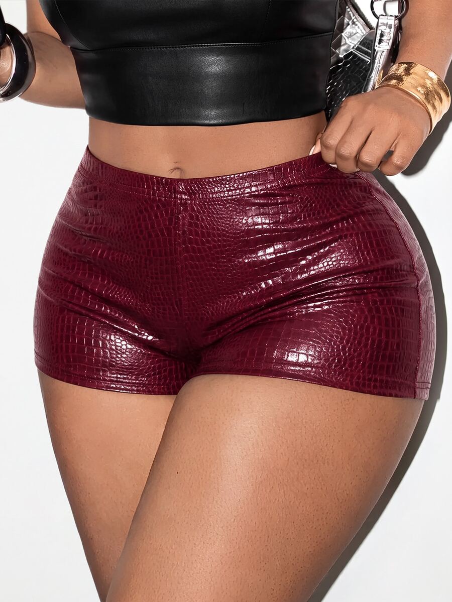 BamGleam Women Snakeskin Texture Shorts - Red - View 1