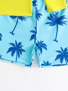 SHEIN 2pcs Tween Boys Swimwear Set,Butter Yellow Long Sleeve Rash Guard Top & Palm Tree Print Shorts,Summer Casual Vacation Holiday Beach Wear Kids Outfits - Yellow - View 3