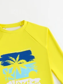 SHEIN 2pcs Tween Boys Swimwear Set,Butter Yellow Long Sleeve Rash Guard Top & Palm Tree Print Shorts,Summer Casual Vacation Holiday Beach Wear Kids Outfits - Yellow - View 4