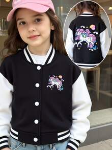 Elladie kids 女童拼色大學棒球夾克，獨角獸印花條紋滾邊鈕扣式棒球外套，可愛女童休閒開學穿搭外套 - 黑色 - 查看 4