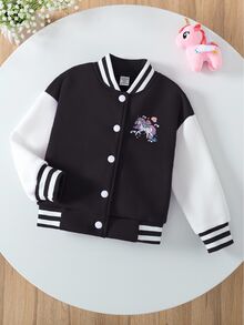 Elladie kids 女童拼色大學棒球夾克，獨角獸印花條紋滾邊鈕扣式棒球外套，可愛女童休閒開學穿搭外套 - 黑色 - 查看 6