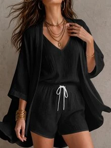 Solivie 女款素色細肩帶背心上衣、短褲與開襟外套休閒日常套裝 - 黑色 - 查看 9
