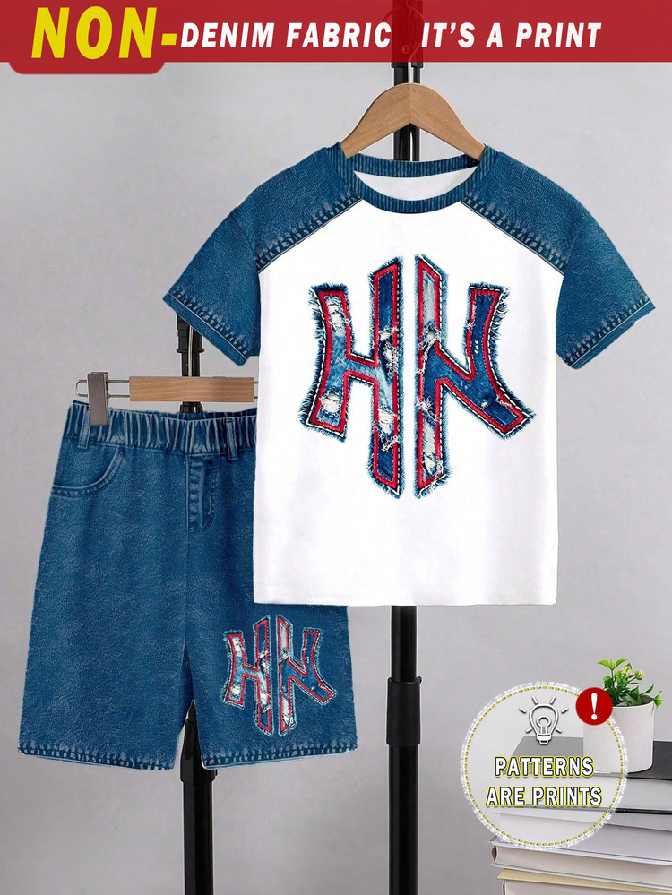 (1 Set) Boys' Fashion Minimalist Icon Red Trim Patchwork Graphic Basic Short Sleeve T-Shirt & Shorts Set, Summer Casual Outfit - Multicolor - View 6