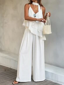 Livesso Women's 2 Pieces Set: Cotton Collared Short Sleeve White Solid Color Button Loose Top And Wide Leg Shorts - White - View 7