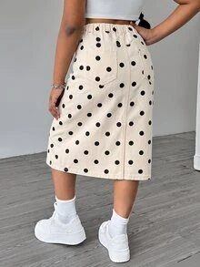 SHEIN 女童波點牛仔中長裙，復古休閒女孩風，白色底黑波點印花設計，斜腰頭，柔軟棉質牛仔布，適合日常穿搭、搭配T恤、返校、通勤、旅行、日常出遊 - 米色 - 查看 2