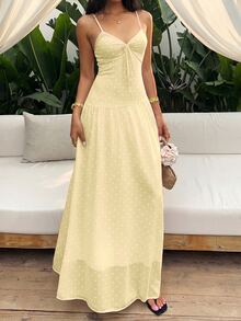Sunnyshic Women's Polka Dot Spaghetti Strap Mesh Printed Polka Dot Long Dress - Light Yellow - View 4