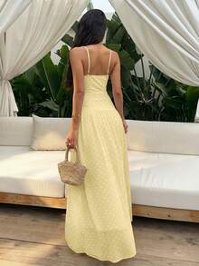 Sunnyshic Women's Polka Dot Spaghetti Strap Mesh Printed Polka Dot Long Dress - Light Yellow - View 2