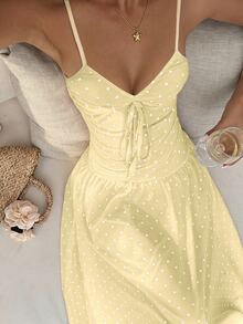Sunnyshic Women's Polka Dot Spaghetti Strap Mesh Printed Polka Dot Long Dress - Light Yellow - View 3
