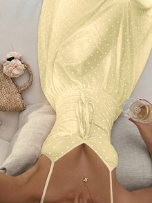 Sunnyshic Women's Polka Dot Spaghetti Strap Mesh Printed Polka Dot Long Dress - Light Yellow - View 5