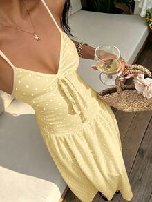 Sunnyshic Women's Polka Dot Spaghetti Strap Mesh Printed Polka Dot Long Dress - Light Yellow - View 6