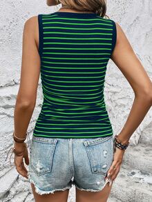 EMERY ROSE Women Casual Striped Contrast Color Rib-Knit Slim Fit Tank Top For Summer - Olive Green - View 6