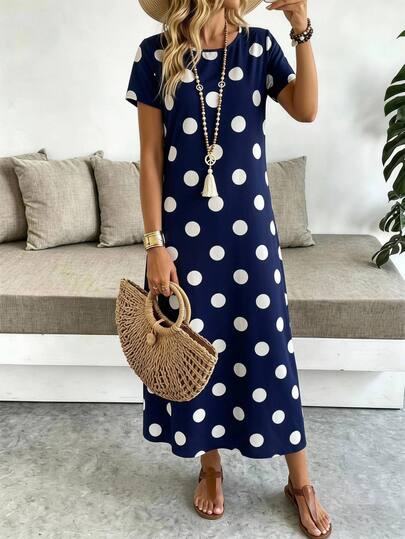 EMERY ROSE Women's Summer Polka Dot Pattern Print Round Neck Short-Sleeve Dress