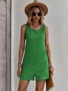 EMERY ROSE Women Jumpsuits Backless Ruched Plain Casual - Hijau - View 4