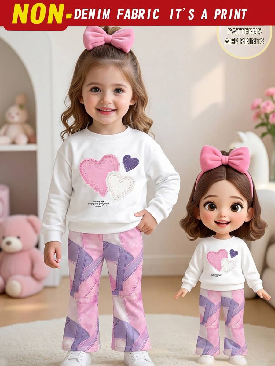 SHEIN 秋冬休閒時尚女童可愛甜美仿手工愛心印花圓領運動衫與喇叭褲套裝,美式復古印花設計,個性百搭,適合 2Y-3Y 女童 - 彩色 - 查看 1