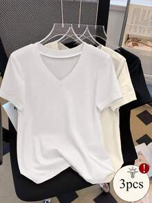 SHEIN 大码女式纯色V领短袖休闲百搭T恤 - 彩色 - 查看 1