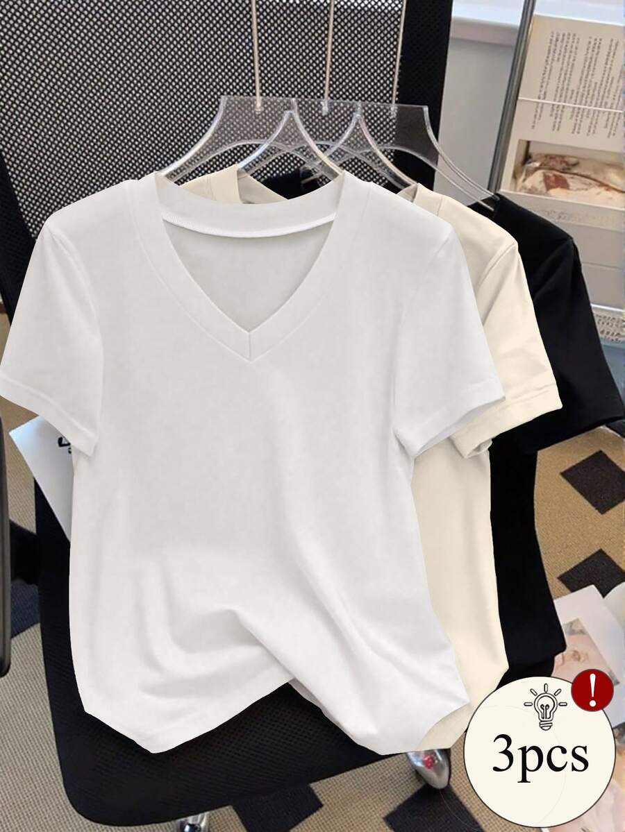 SHEIN 大码女式纯色V领短袖休闲百搭T恤 - 彩色 - 查看 1
