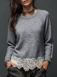 Louniche Elegant Round Neck Long Sleeve Lace Hem Design Women's Sweater - Grey - View 2