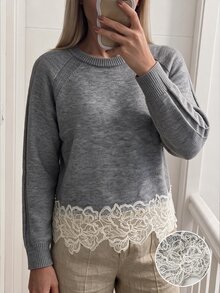 Louniche Elegant Round Neck Long Sleeve Lace Hem Design Women's Sweater - Grey - View 3