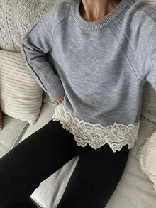 Louniche Elegant Round Neck Long Sleeve Lace Hem Design Women's Sweater - Grey - View 6