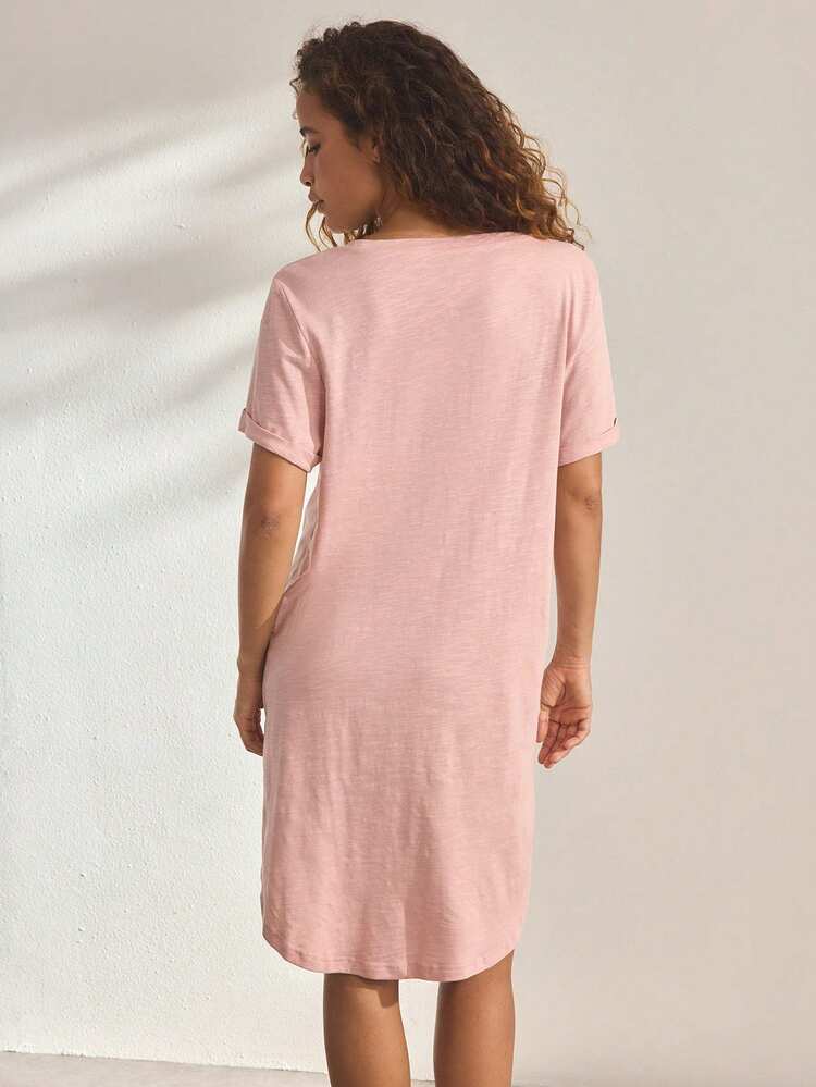 Ocili Women's Casual Pocket Decor Short Sleeve Dress, Summer Loungewear - Dusty Pink - View 3