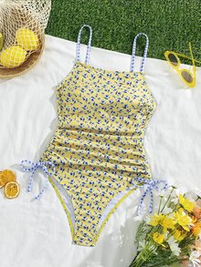 Swim Mod Women's One-Piece Swimsuit,Yellow Summer Cute Beach Vacation Holiday,Floral&Plaid Print Retro Sweet Slim Fit Open Back Side Drawstring Bathing Suit - Multicolor - View 8