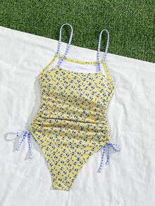 Swim Mod Women's One-Piece Swimsuit,Yellow Summer Cute Beach Vacation Holiday,Floral&Plaid Print Retro Sweet Slim Fit Open Back Side Drawstring Bathing Suit - Multicolor - View 9