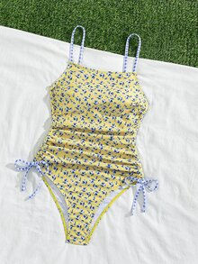 Swim Mod Women's One-Piece Swimsuit,Yellow Summer Cute Beach Vacation Holiday,Floral&Plaid Print Retro Sweet Slim Fit Open Back Side Drawstring Bathing Suit - Multicolor - View 10