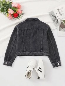 青少年女孩牛仔夾克 秋季新品 深灰色水洗版 寬鬆版型 輕量柔軟面料 休閒街頭風 校園度假外套 - 黑色 - 查看 3