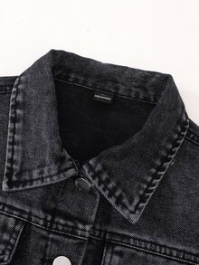青少年女孩牛仔夾克 秋季新品 深灰色水洗版 寬鬆版型 輕量柔軟面料 休閒街頭風 校園度假外套 - 黑色 - 查看 6
