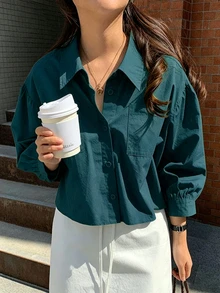 Jouncy Women's Solid Color Pocket Casual Loose Short Long Sleeve Shirt - Cadet Blue - View 3