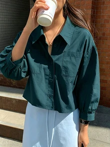 Jouncy Women's Solid Color Pocket Casual Loose Short Long Sleeve Shirt - Cadet Blue - View 4