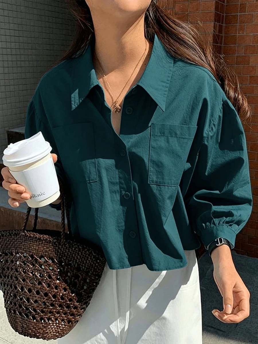 Jouncy Women's Solid Color Pocket Casual Loose Short Long Sleeve Shirt - Cadet Blue - View 1