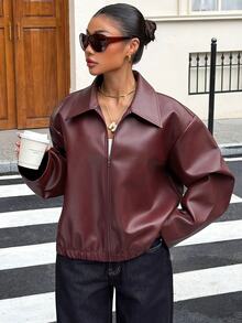 Livesso Women's Solid Color PU Leather Zipper Casual Versatile Daily Travel Long Sleeve Jacket - Burgundy - View 4