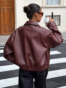 Livesso Women's Solid Color PU Leather Zipper Casual Versatile Daily Travel Long Sleeve Jacket - Burgundy - View 2
