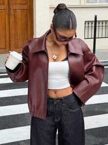Livesso Women's Solid Color PU Leather Zipper Casual Versatile Daily Travel Long Sleeve Jacket - Burgundy - View 5