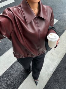 Livesso Women's Solid Color PU Leather Zipper Casual Versatile Daily Travel Long Sleeve Jacket - Burgundy - View 3