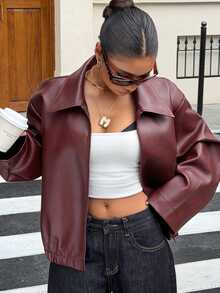 Livesso Women's Solid Color PU Leather Zipper Casual Versatile Daily Travel Long Sleeve Jacket - Burgundy - View 1